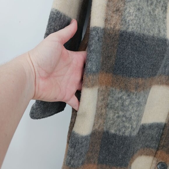 Joie Plaid Shacket Size Small Longline Gray Cream Tan Scandinavian Scandi Girl - Picture 4 of 9